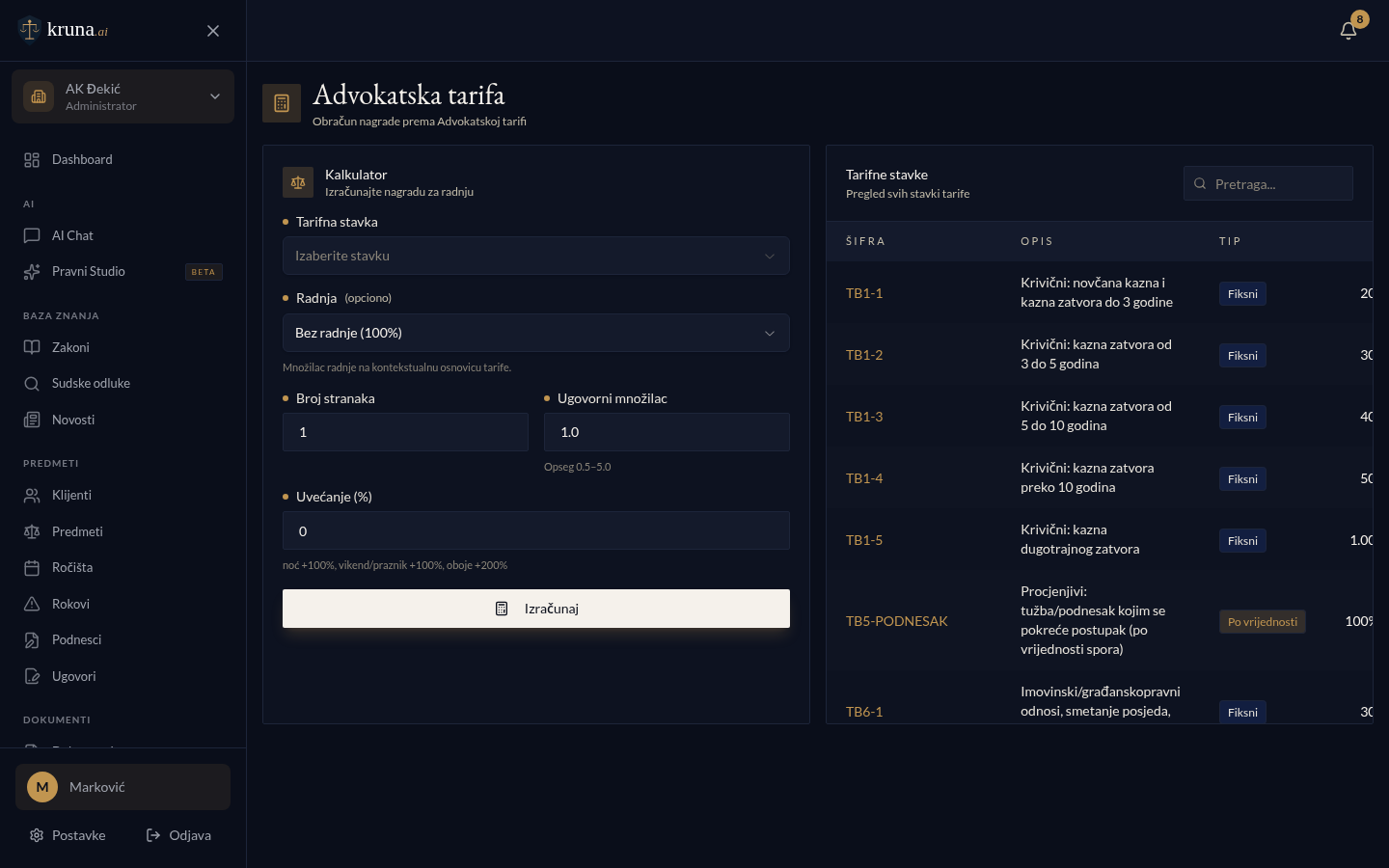 Kalkulator advokatske tarife — Kruna